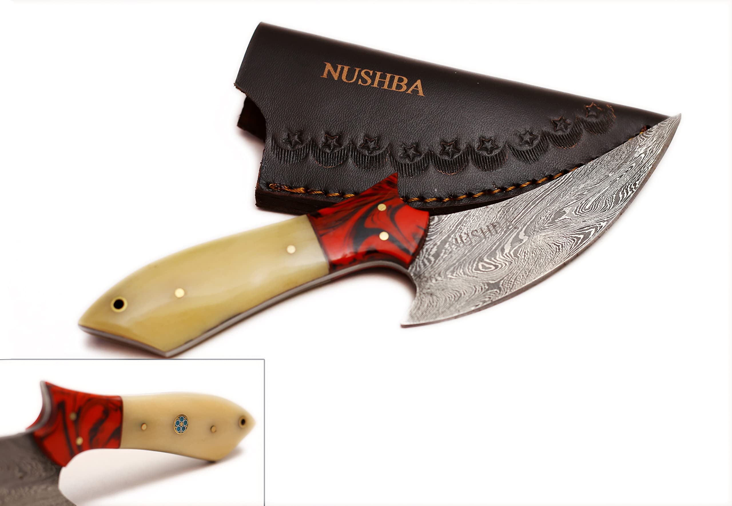 NUSHBA 017 Handmade Fixed Blade Hunting Skinner Knife, Damascus Steel Blade, Camal Bone Handle -Best Hunting Knife with Cow Brown Leather Sheath