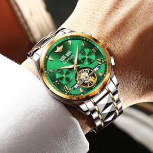 OUPINKE Mens Green Watches Automatic Skeleton Mechanical Self Winding Tourbillon Luxury Dress Wristwatch