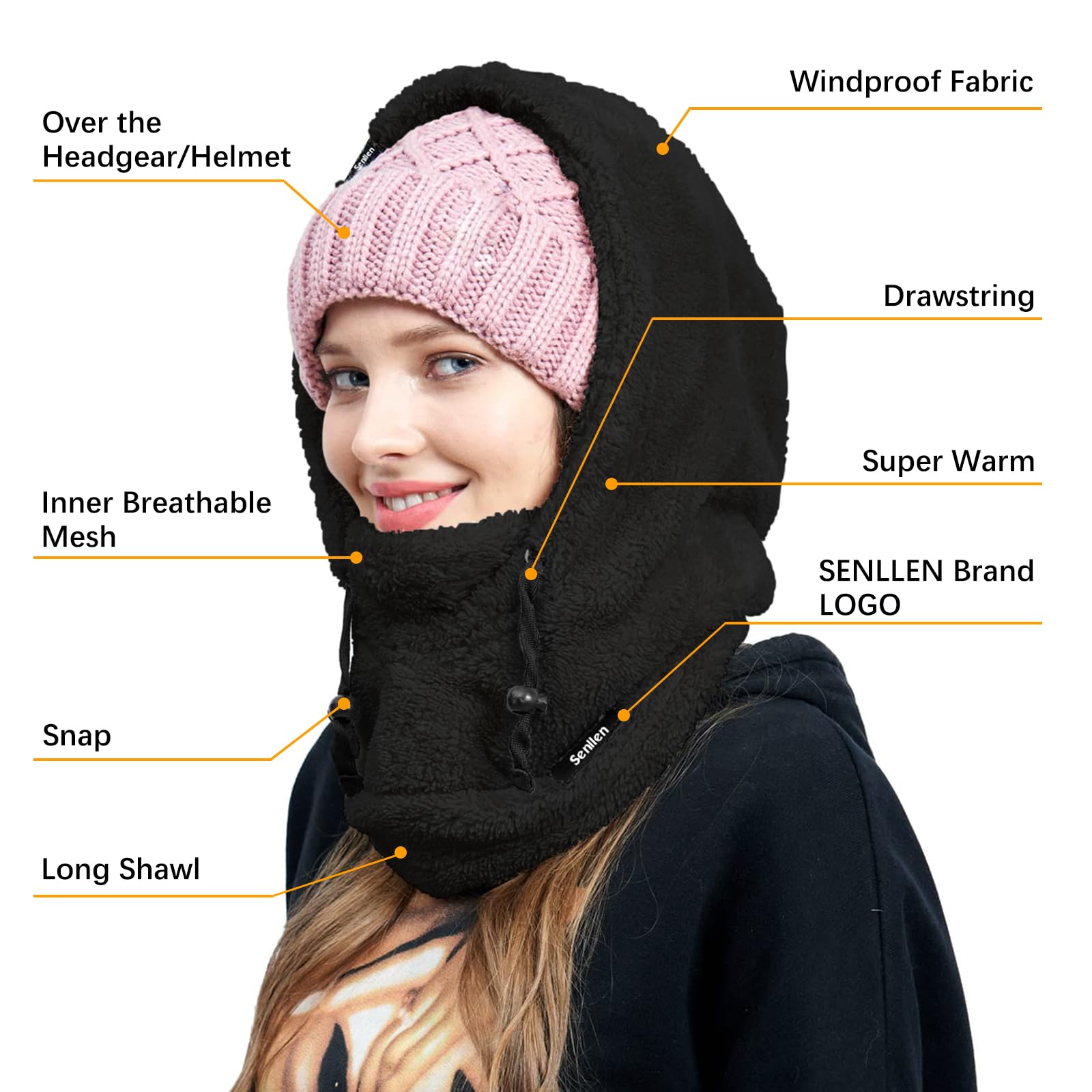 Senllen Balaclava Cold Weather Fleece Windproof Ski Mask Winter Breathable Thermal Face Mask Neck Warmer Scarf Helmet Hood for Men/Women Black