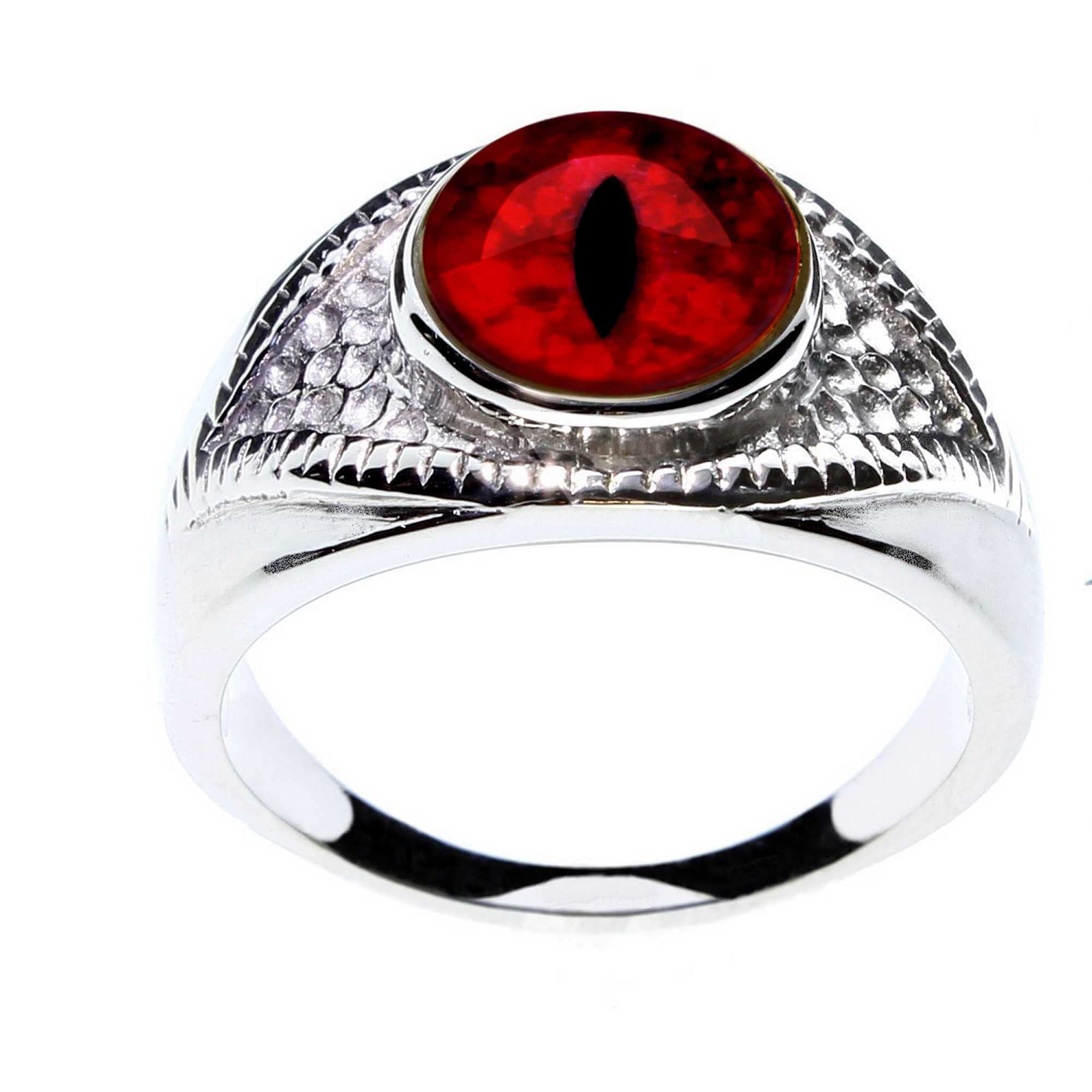 Steel Dragon Jewelers Glass Eye Ring - Choose from 21 Animal or Fantasy Eyes in an Exotic Eye-Shaped Stainless Steel Setting (Red Dragon #2, 7)