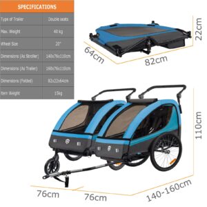 Veelar Sports Suspension Bike Trailer & Stroller 2 in 1 Double Seat for Toddlers, Kids, Child Bicycle Carrier Jogger (Blue)