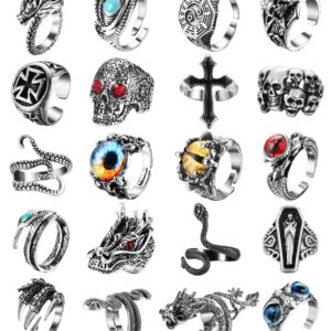 Helicopchain 20Pcs Vintage Punk Rings for Men Women Adjustable Open Gothic Knuckle Rings Set Y2K Rings Frog Snake Dragon Claw Peacock Rings Retro Jewelry Rings