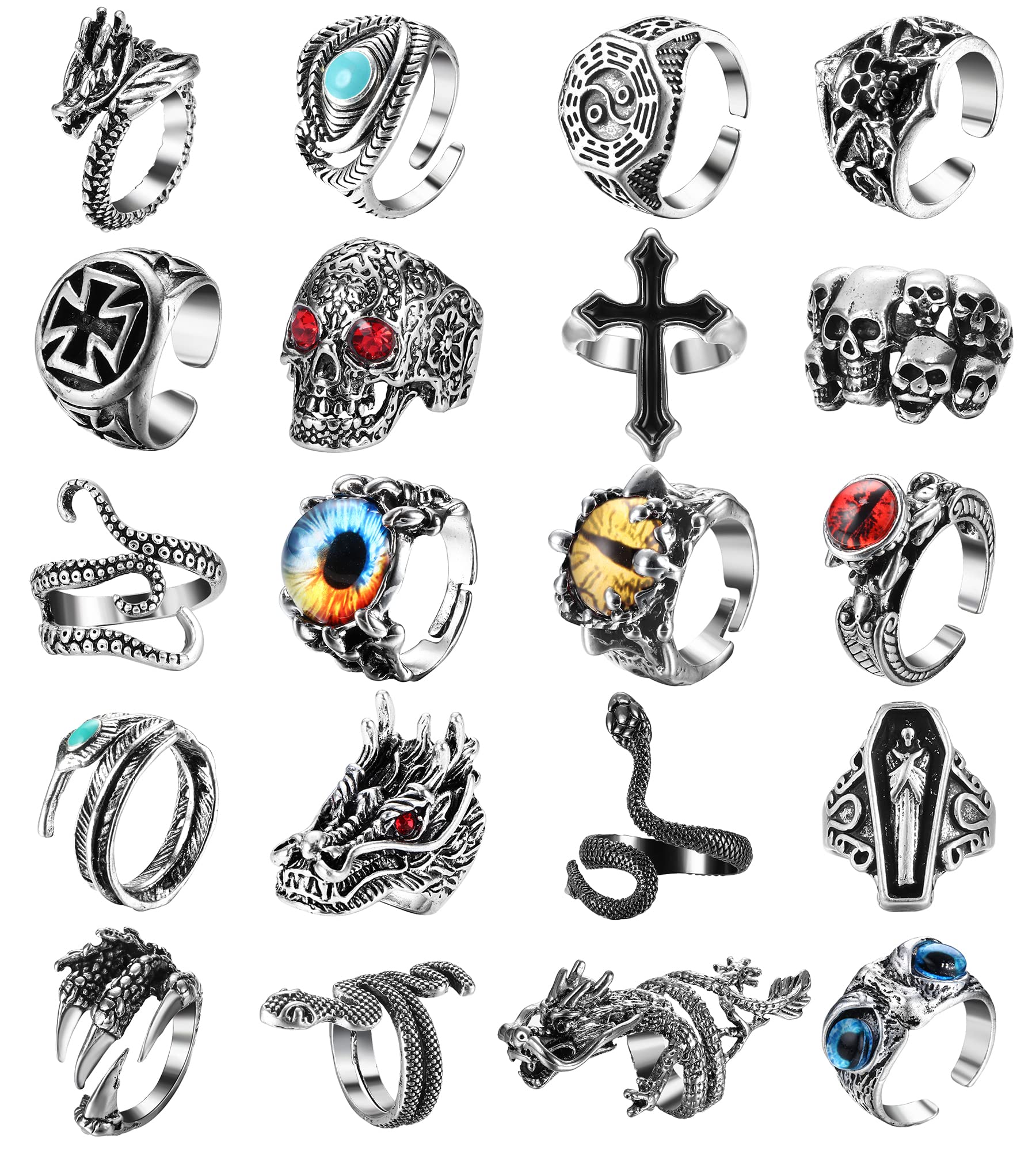 Helicopchain 20Pcs Vintage Punk Rings for Men Women Adjustable Open Gothic Knuckle Rings Set Y2K Rings Frog Snake Dragon Claw Peacock Rings Retro Jewelry Rings