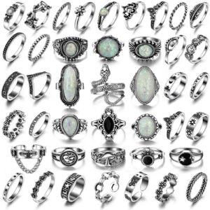 42 Pcs Vintage Silver Knuckle Rings Set for Women, Chunky 17IF Colorful Stone Rings Aesthetic Snake Grunge Stackable Gothic Ring Adjustable Y2K Punk Boho Finger Alt of Rings, Stacking Skull Moon Star Flower Link Midi Ring Pack