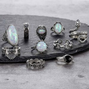 42 Pcs Vintage Silver Knuckle Rings Set for Women, Chunky 17IF Colorful Stone Rings Aesthetic Snake Grunge Stackable Gothic Ring Adjustable Y2K Punk Boho Finger Alt of Rings, Stacking Skull Moon Star Flower Link Midi Ring Pack