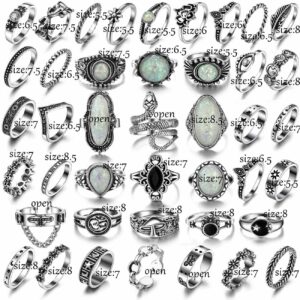 42 Pcs Vintage Silver Knuckle Rings Set for Women, Chunky 17IF Colorful Stone Rings Aesthetic Snake Grunge Stackable Gothic Ring Adjustable Y2K Punk Boho Finger Alt of Rings, Stacking Skull Moon Star Flower Link Midi Ring Pack