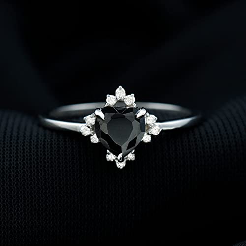 Certified Heart Shape Black Onyx Promise Ring with Diamond | AAA Quality | 6 MM Black Onyx | December Birthstone Ring, 14K White Gold, Size:US 7.50