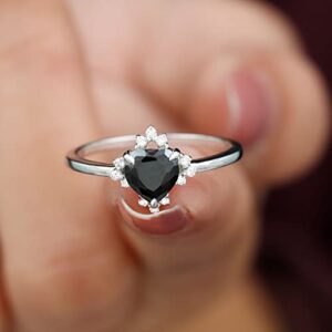 Certified Heart Shape Black Onyx Promise Ring with Diamond | AAA Quality | 6 MM Black Onyx | December Birthstone Ring, 14K White Gold, Size:US 7.50