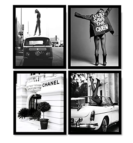 PoyBux Design Fashion Wall Art Poster Prints Set of 4 UNFRAMED ( 8''x10'' ) Black and White Fashion Wall Art, Wall Art Vintage Fashion Poster, Retro Pop Art Trendy Posters for Teen Girls Woman