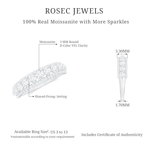 Rosec Jewels Certified Moissanite Wedding Band Ring for Women, Lab Grown Diamond Moissanite Half Eternity Ring (D-VS1 Quality), 14K White Gold, Size:US 8.00