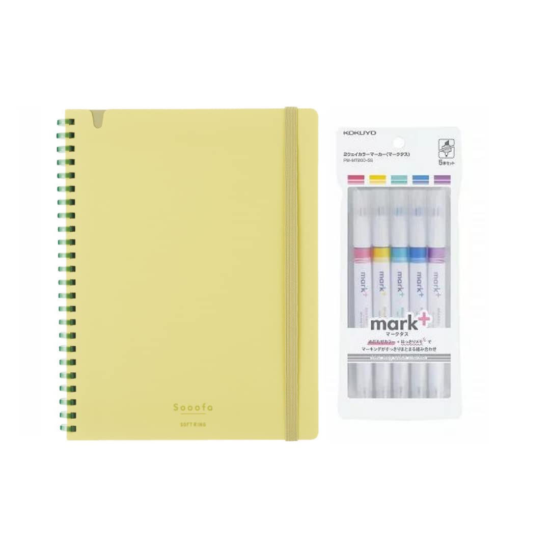 Kokuyo. Soft Ring Notebook Sooofa A5 4mm Grid 80 Sheets Yellow and Mark⁺ Two Way Color Marker 5-Pack(Pink,Blue,Green,Purple, and Yellow) Set