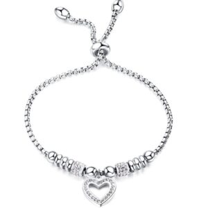 jude jewelers stainless steel heart charm adjustable size beaded strand style wedding statement holiday bracelet (silver)