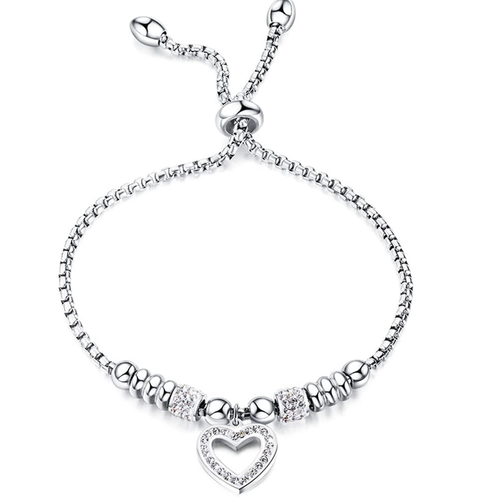 Jude Jewelers Stainless Steel Heart Charm Adjustable Size Beaded Strand Style Wedding Statement Holiday Bracelet (Silver)