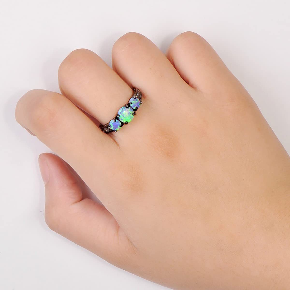 2 Pcs Black Gun Plated White Opal Ring Round Shape, Luxurious Ring for Women Bohemian Vintage Retro Jewelry, Crystal Birthstone Rings,Sizes 6 to 10 (Ring size 6)