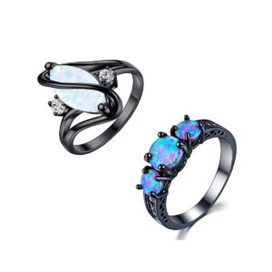 2 pcs black gun plated white opal ring round shape, luxurious ring for women bohemian vintage retro jewelry, crystal birthstone rings,sizes 6 to 10 (ring size 6)