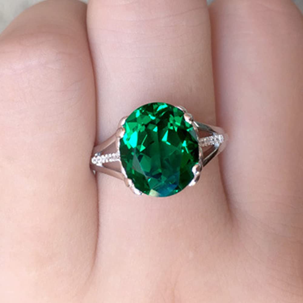 WDIYIEETN Emerald Ring 4 Carats Oval Cut 925 Sterling Silver Cubic Zirconia Crystal Diamond Solitaire Engagement Wedding Ring (8)