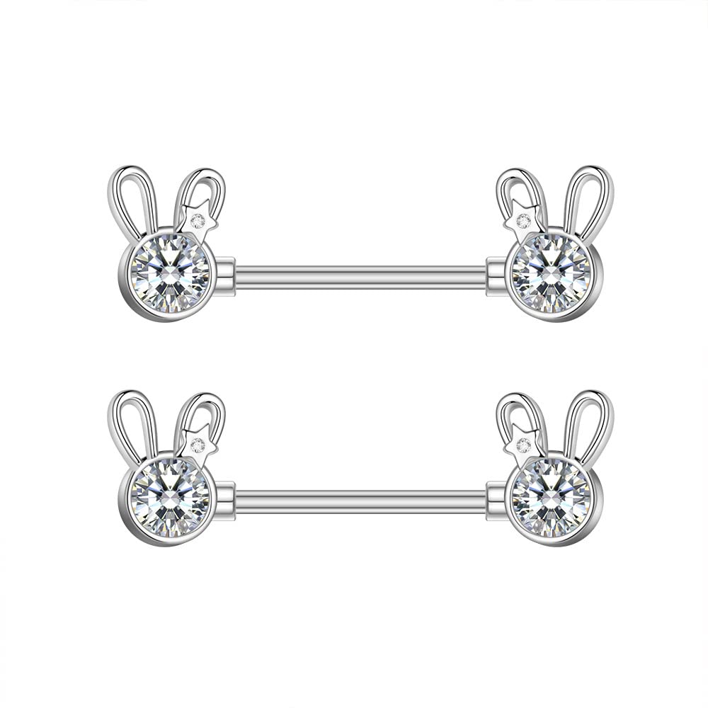 14G Cute Rabbit Nipple Rings Stainless Steel Cubic Zirconia Crystal Bunny Tongue Ring Nipple Studs Barbell Piercing Bar Body Pierced Jewelry Gifts for Women BFF