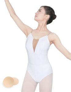 phoeswan ballet leotards for women, deep v camisole white dance leotards, elegant adult leotards for women dance, size xl