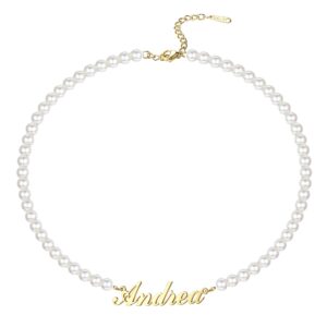 Jewenova Pearl Name Necklace Personalized 18K Gold Plated Nameplate Pearl Choker Necklace Customized Jewelry for Women