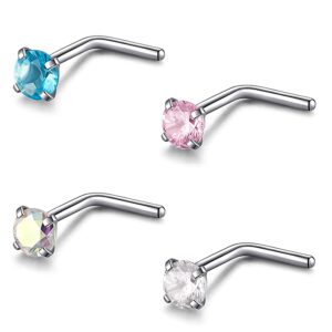 ZS 4Pcs 20G Grade 23 Titanium Nose Rings for Women, 2mm 3mm CZ Nose Studs, Nose Bone/Screws/L Shaped Nose Piercing Jewelry (Round(Claw),L-2mm)