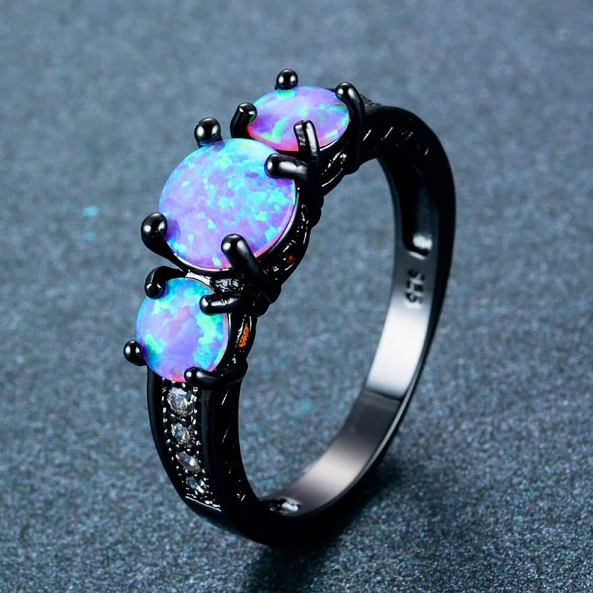 2 Pcs Black Gun Plated White Opal Ring Round Shape, Luxurious Ring for Women Bohemian Vintage Retro Jewelry, Crystal Birthstone Rings,Sizes 6 to 10 (Ring size 6)