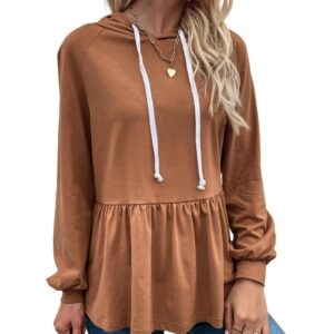 YOXUA Womens Casual Hoodies Peplum Tops, Long Sleeve Lightweight Drawstring Sweatshirt Jacket Pullover Shirts Blouse Coffee