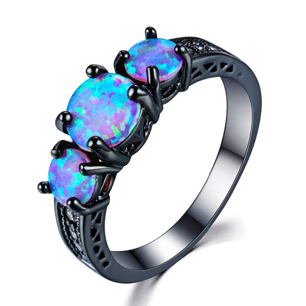 2 Pcs Black Gun Plated White Opal Ring Round Shape, Luxurious Ring for Women Bohemian Vintage Retro Jewelry, Crystal Birthstone Rings,Sizes 6 to 10 (Ring size 6)