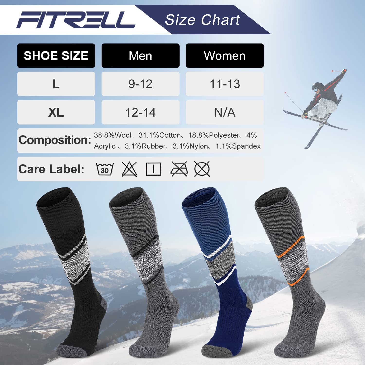 FITRELL 3 Pack Men's and Women's Ski Socks Full Cushioned Winter Merino Wool Thermal Knee High Warm Socks for Skiing Snowboarding, Black+Orange+Blue, Large