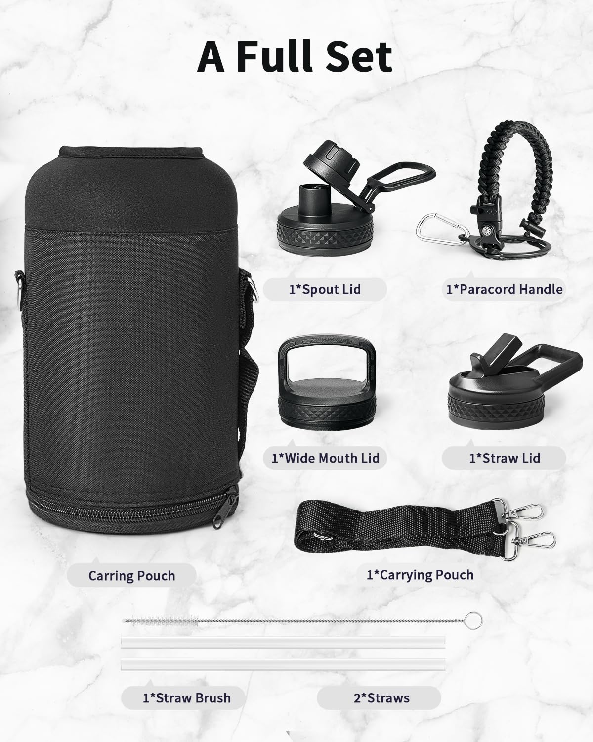 Trebo Half Gallon Water Bottle with Paracord Handle 64oz Wide Mouth Insulated Double Wall Stainless Steel Large Sports Flask Keep Hot 24 Hours & Cold 48 Hours Water Jug with 3 Lids, Black