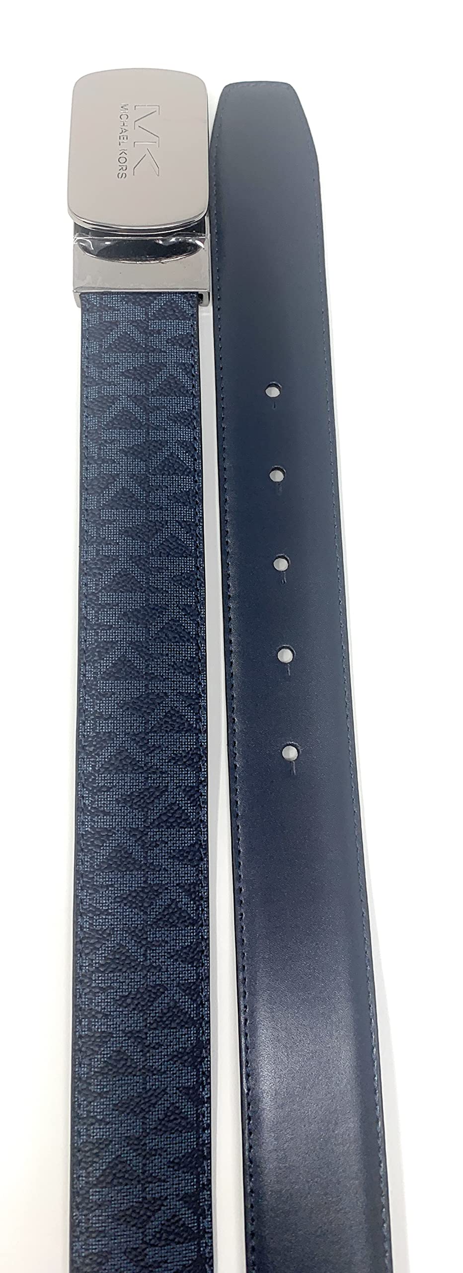 Michael Kors Men's Cut to Fit Reversible PVC Leather MK Plaque Belt (Navy)