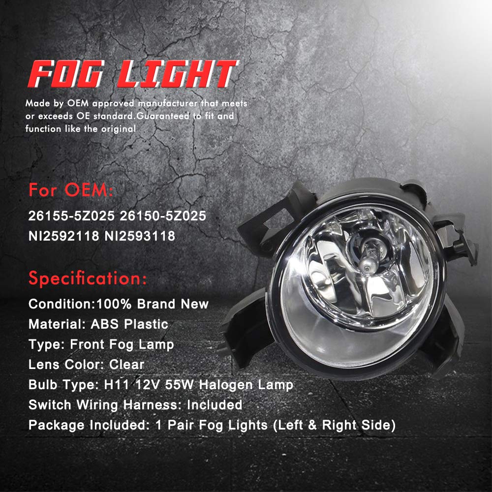 Driving Fog Lights Lamps Replacement for 2004-2018 Nissan Sentra & 2010-2015 Nissan Altima & 2007-2014 Nissan Maxima with H11 12V 55W Halogen Bulbs & Switch