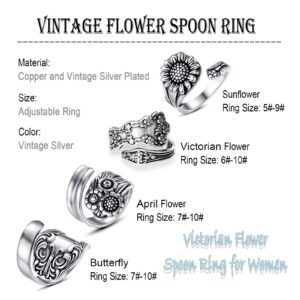 YWDREAM Vintage Silver Spoon Ring, Victorian Boho Flower Spoon Rings for Women, Adjustable Wrap Around Open Ring Statement Jewelry (Butterfly)