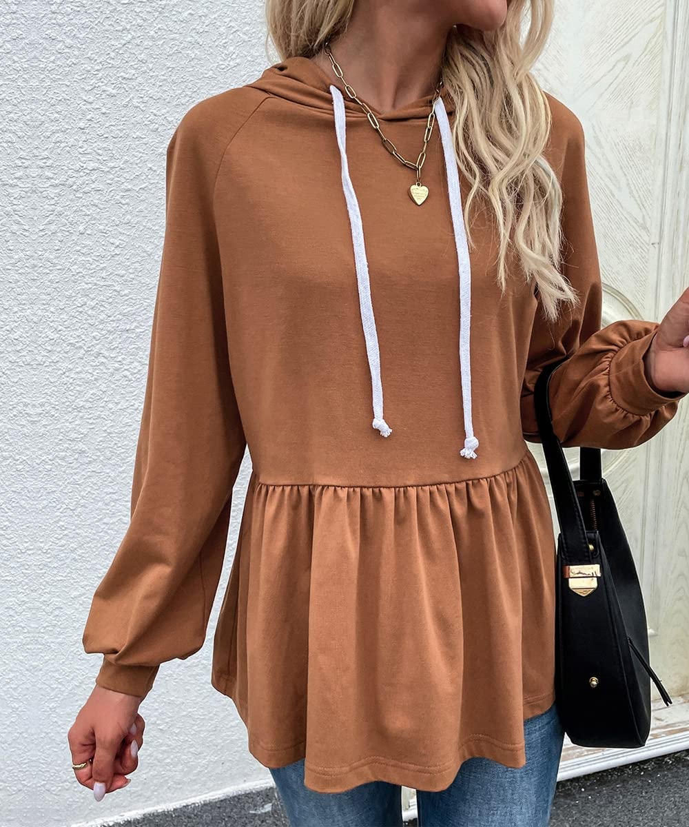 YOXUA Womens Casual Hoodies Peplum Tops, Long Sleeve Lightweight Drawstring Sweatshirt Jacket Pullover Shirts Blouse Coffee