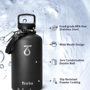 Trebo Half Gallon Water Bottle with Paracord Handle 64oz Wide Mouth Insulated Double Wall Stainless Steel Large Sports Flask Keep Hot 24 Hours & Cold 48 Hours Water Jug with 3 Lids, Black