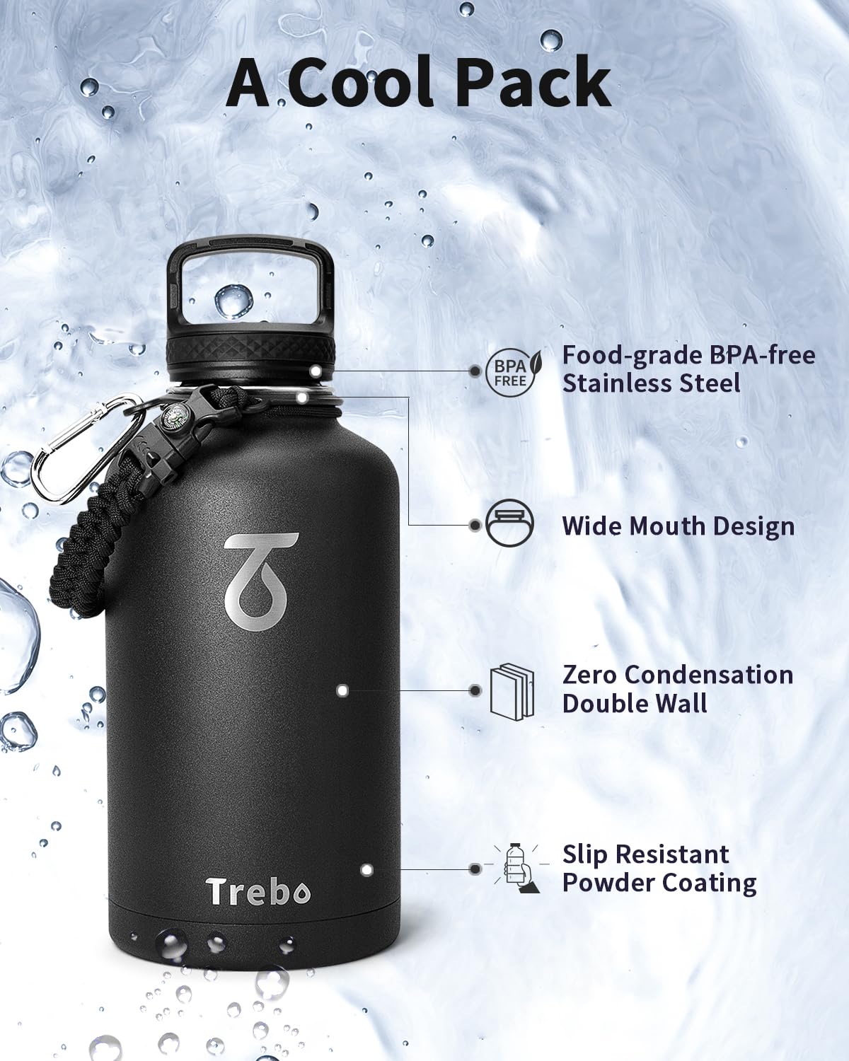 Trebo Half Gallon Water Bottle with Paracord Handle 64oz Wide Mouth Insulated Double Wall Stainless Steel Large Sports Flask Keep Hot 24 Hours & Cold 48 Hours Water Jug with 3 Lids, Black