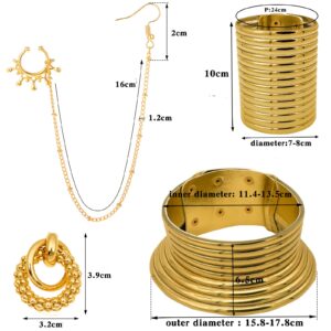 RDKOEAKEL 7 PCS African National Vintage Gold Flamboyant Jewelry Set Egypt Choker Bracelet African Nose Rings Hoop Chain Earrings for women Long Neck Collar Wide Leather Bracelet Sets