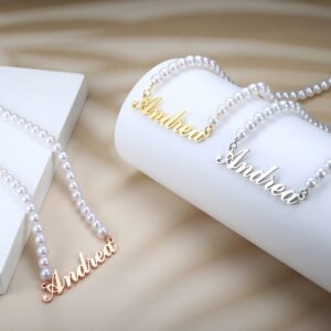 Jewenova Pearl Name Necklace Personalized 18K Gold Plated Nameplate Pearl Choker Necklace Customized Jewelry for Women