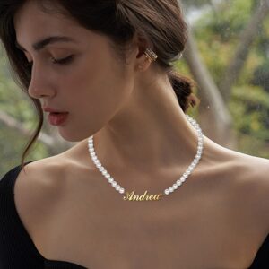 Jewenova Pearl Name Necklace Personalized 18K Gold Plated Nameplate Pearl Choker Necklace Customized Jewelry for Women