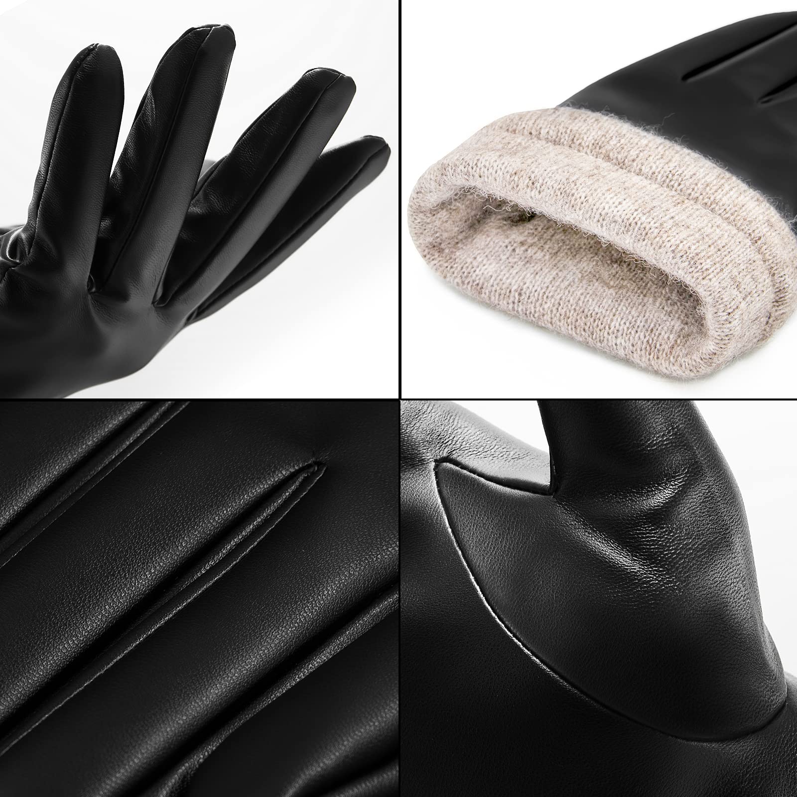 OZERO Warm Winter Gloves for Men: with Wool Linning PU Leather Touchscreen Thermal Winter Gloves Men for Driving, Motorcycle, Texting, Work in Cold Weather(Black/Large)