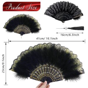 2 Pieces Feather Hand Fan Embroidered Flower Marabou Feather Fan 1920s Feather Fan Hand Fan Folding Hand Fan Drag Queen Fan for 20s Women Costume Party Dancing Photoshoot Wedding Decor (Black)