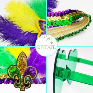 Mardi Gras Fluer Di Lis Headband Feather Sequin Fascinators and Sunglasses Purple Yellow Green Masquerade Party Feather Headwear Cocktail Wedding Supplies Halloween Party Favor