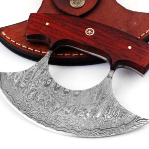 Bushcraft Custom Handmade Damascus Steel Ulu Knife - Best Alaskan Damascus Ulu Knife With Sheath - Multi-Purpose Damascus Knives For Skinning, Hunting, Chopping, (Red Padauk)