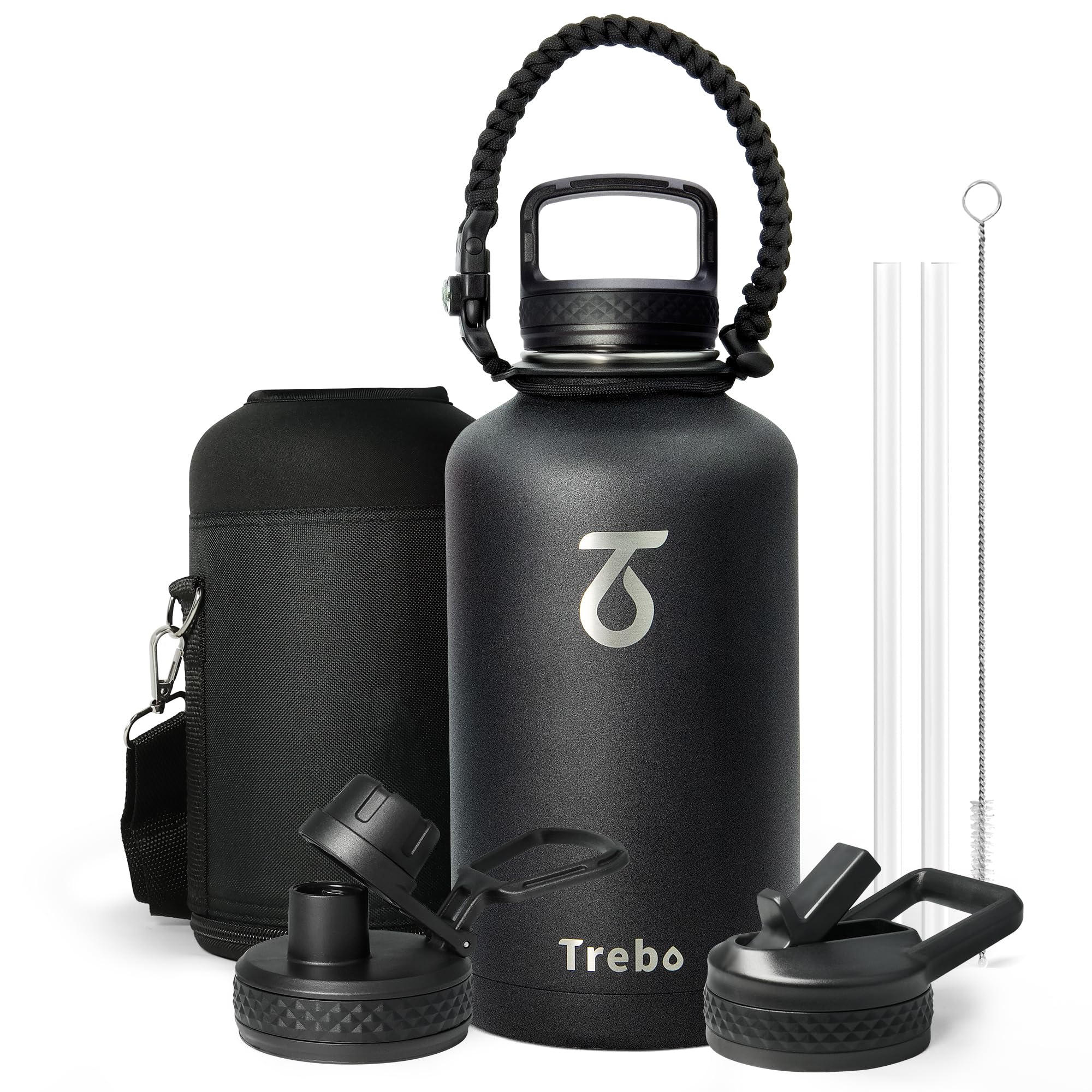 Trebo Half Gallon Water Bottle with Paracord Handle 64oz Wide Mouth Insulated Double Wall Stainless Steel Large Sports Flask Keep Hot 24 Hours & Cold 48 Hours Water Jug with 3 Lids, Black