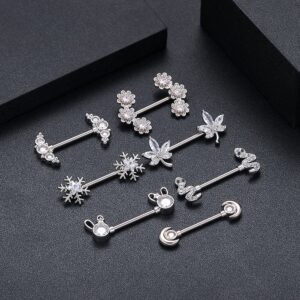 14G Cute Rabbit Nipple Rings Stainless Steel Cubic Zirconia Crystal Bunny Tongue Ring Nipple Studs Barbell Piercing Bar Body Pierced Jewelry Gifts for Women BFF