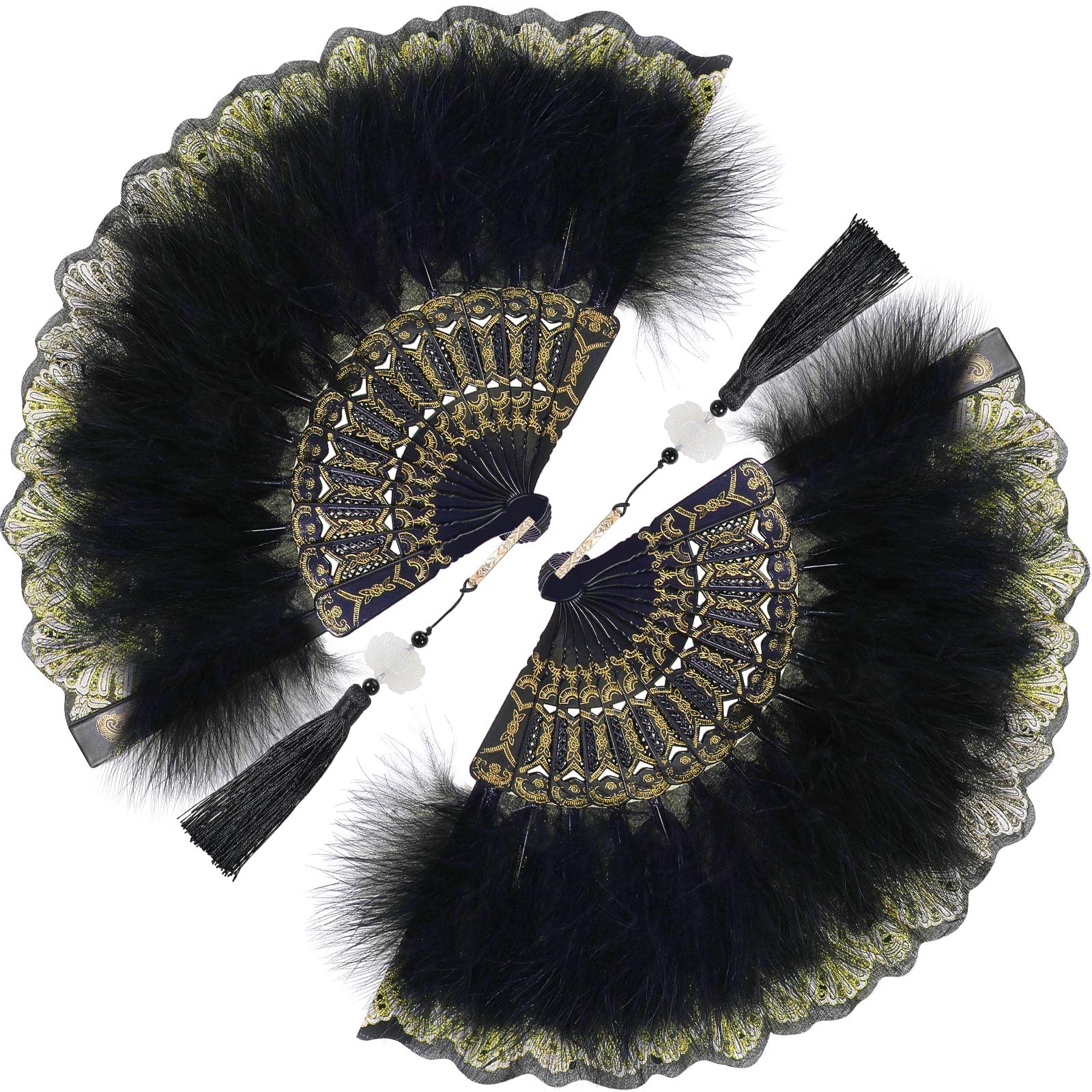 2 Pieces Feather Hand Fan Embroidered Flower Marabou Feather Fan 1920s Feather Fan Hand Fan Folding Hand Fan Drag Queen Fan for 20s Women Costume Party Dancing Photoshoot Wedding Decor (Black)