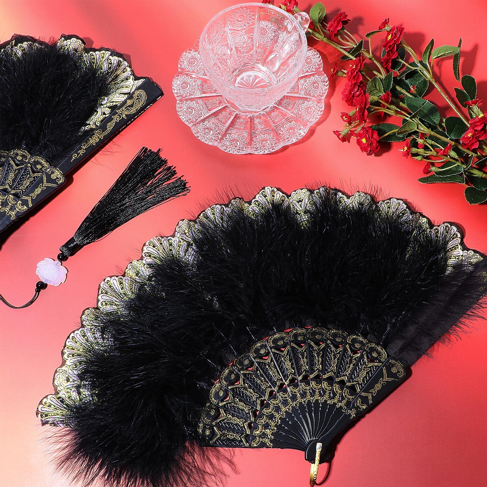 2 Pieces Feather Hand Fan Embroidered Flower Marabou Feather Fan 1920s Feather Fan Hand Fan Folding Hand Fan Drag Queen Fan for 20s Women Costume Party Dancing Photoshoot Wedding Decor (Black)