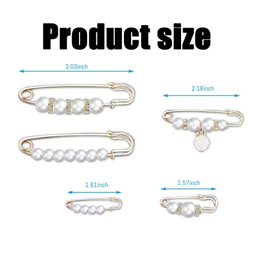 Sonloka Pearl Brooch Pins for Women Fashion, Crafts, Sweater Shawl Clip Double Gold Waist Pants Extender Safety Pins,5 Pcs (White)