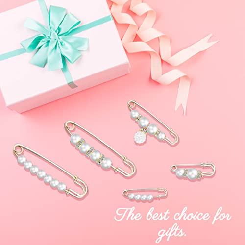 Sonloka Pearl Brooch Pins for Women Fashion, Crafts, Sweater Shawl Clip Double Gold Waist Pants Extender Safety Pins,5 Pcs (White)