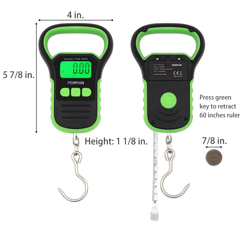 (LATEST VERSION)Fishing Scale, Rubberized Fish Scale, 110pounds/50kg, Portable Fishing Scale with Travel Pouch, Digital Fish Scale with 60 inches Ruler, Large Backlight LCD Dispaly, in Black and Green