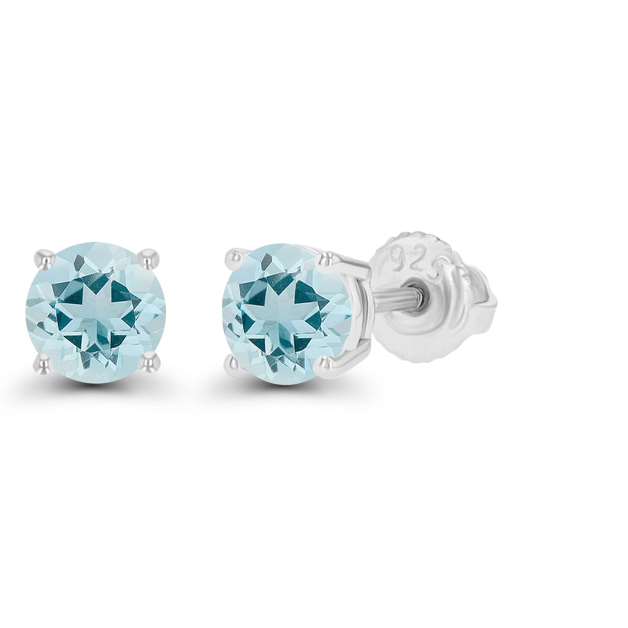 925 Sterling Silver 5mm Round Natural Aquamarine March Birthstone Screwback Stud Earrings